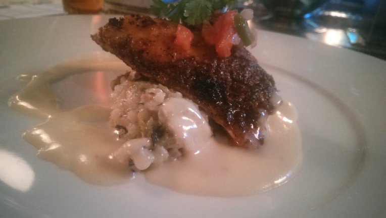 Blackened red snapper with Hatch chile risotto (fontina) and a lemon burre blanc
